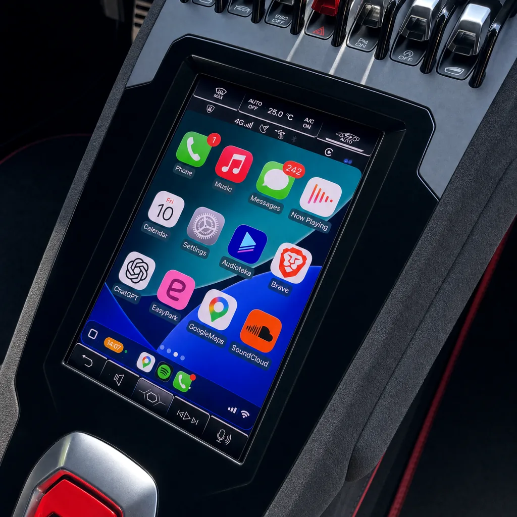 Aplikace Apple CarPlay na svislém displeji Lamborghini Huracán